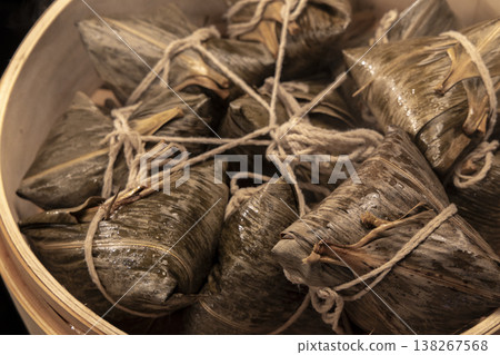 Traditional bamboo steamers for steaming delicious zongzi (sticky rice dumplings) for Dragon Boat Festival 138267568