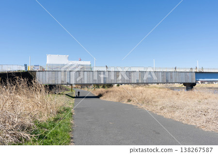 A side view of the scaffolding erected for bridge repair work. 138267587