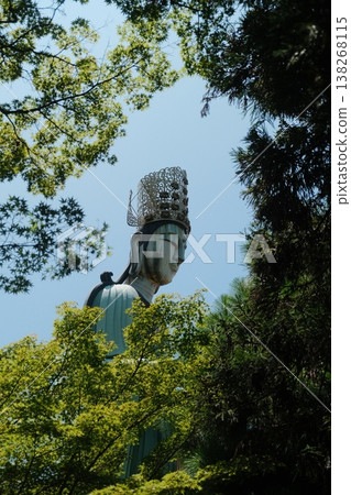 Serene Buddha Statue Amongst Lush Green Foliage 138268115