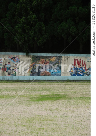 Faded Mural Beneath Green Overgrowth 138268139