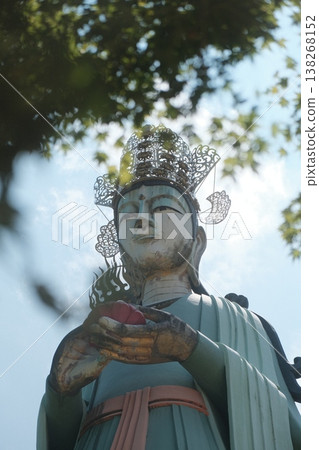 Ancient Buddhist Sculpture Serene Temple Garden View Ancient Buddhist Sculpture Serene Temple Garden View 138268152