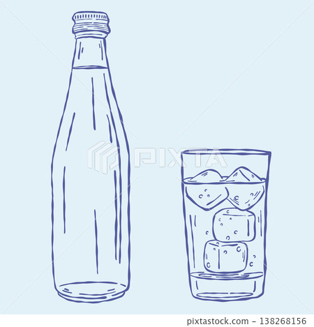 Glass bottle and iced water drink isolated objects in outline sketch style Glass bottle and iced water drink isolated objects in outline sketch style 138268156