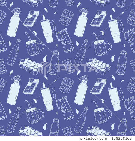 Seamless water bottle pattern with drink containers and ice elements outline style 138268162