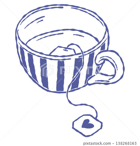 Striped tea cup with teabag hot drink hand drawn sketch style 138268163