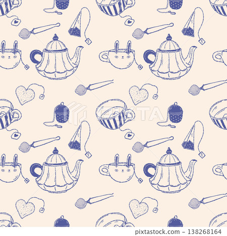 Tea accessories seamless pattern with teapot cup and filter sketch style Tea accessories seamless pattern with teapot cup and filter sketch style 138268164