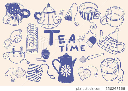 Tea set collection with teapot cups and accessories hand drawn style 138268166