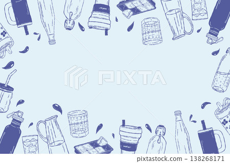 Water containers frame composition with empty space in outline hand drawn style Water containers frame composition with empty space in outline hand drawn style 138268171