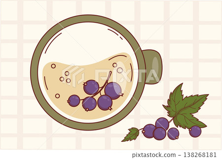 Blackcurrant Tea Cup Top View on Plaid Background. Eco Natural Herbal Beverage with Berries, Sprig and Leaves. Vector Illustration. 138268181