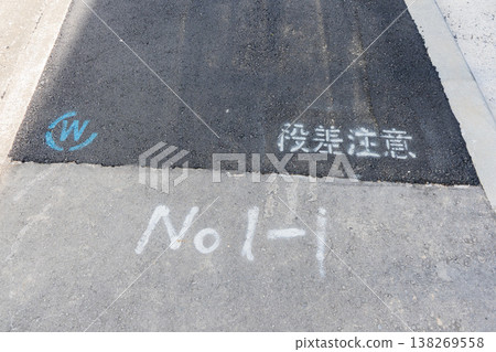 Temporary paving and warning signs about uneven surfaces on the sidewalk after waterworks construction. Temporary paving and warning signs about uneven surfaces on the sidewalk after waterworks construction. 138269558