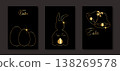 Easter set card of gold and black abstract texture. Happy Easter holiday invitations templates collection with golden bunny, bells, easter eggs. Vector fashion illustration, luxury black background 138269578