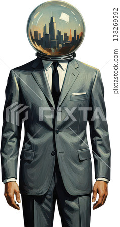 Abstract representation of an urban landscape unfolding in the head of a businessman. 138269592