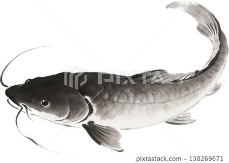 A sumi-e (ink painting) of a carp: A dynamic, Japanese-style illustration. 138269671