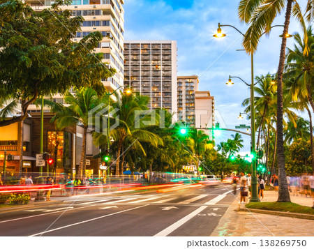 Hawaii, Waikiki, Kalakaua Avenue at sunset 138269750