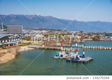 Lakeside scenery in front of the Biwako Ohashi Rice Plaza roadside station; view from Biwako Ohashi Bridge; Katata, Otsu City, Shiga Prefecture Lakeside scenery in front of the Biwako Ohashi Rice Plaza roadside station; view from Biwako Ohashi Bridge; Katata, Otsu City, Shiga Prefecture 138270268