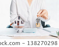 Home purchase and rental agreement concept with agent handing over house keys and keychain above contract clipboard, miniature house model, calculator, laptop on bright office desk. rental agreement 138270298