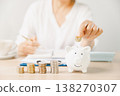 Hand placing a coin into a pink piggy bank beside stacks of money while writing budget notes at home. Personal finance, savings plan, budgeting, investment, long-term future security goals. 138270307