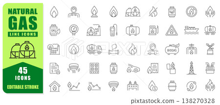 Natural Gas Line Icon Set Featuring Pipelines, Storage Tanks, Fuel Systems, And Energy Symbols. Clean Editable Stroke Design Perfect For Industry, Energy Projects, Web, Apps, And Infographics. Vector  138270328
