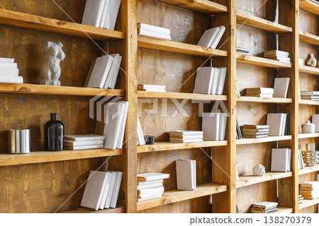 Tall wooden bookshelves with minimal decor and books in modern loft library, office, study interior Tall wooden bookshelves with minimal decor and books in modern loft library, office, study interior 138270379