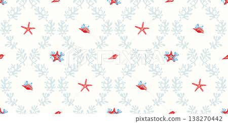 Coastal, beach, seaside home decor concept, marine life, nautical design seamless pattern. Red starfish, shell on white background with pale blue coral lattice motif. Summer texture for wallpaper, Coastal, beach, seaside home decor concept, marine life, nautical design seamless pattern. Red starfish, shell on white background with pale blue coral lattice motif. Summer texture for wallpaper, 138270442
