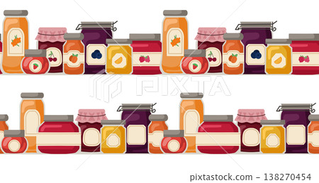 Vector set of seamless borders of various berry jams. Collection of frames with jars with sweet syrup in a flat style Vector set of seamless borders of various berry jams. Collection of frames with jars with sweet syrup in a flat style 138270454