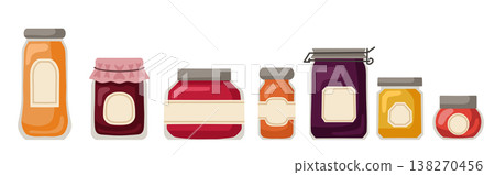 Vector set of various jams with empty labels. Collection of clip art of jars with sweet syrup in a flat style Vector set of various jams with empty labels. Collection of clip art of jars with sweet syrup in a flat style 138270456