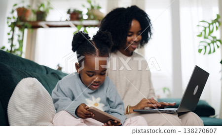 Black mother and child using technology together at home 138270607