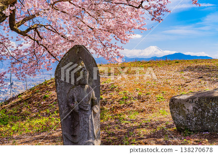 (Yamanashi Prefecture) Cherry blossoms at a roadside shrine are in full bloom, with Mount Fuji visible in the distance. (Yamanashi Prefecture) Cherry blossoms at a roadside shrine are in full bloom, with Mount Fuji visible in the distance. 138270678