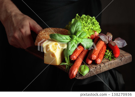 Thin smoked sausages with cheese, bread, and greens. 138270936