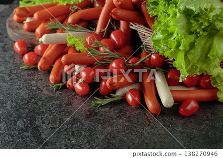 Various thin smoked sausages with salad, tomatoes, and rosemary. 138270946
