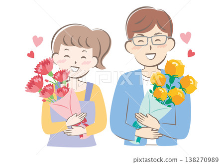 An illustration of a man and a woman receiving bouquets of flowers on Mother's Day and Father's Day. 138270989
