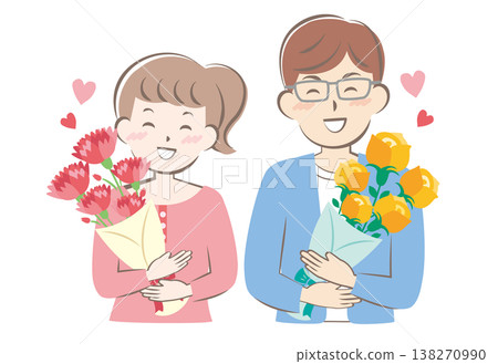 An illustration of a man and a woman receiving bouquets of flowers on Mother's Day and Father's Day. An illustration of a man and a woman receiving bouquets of flowers on Mother's Day and Father's Day. 138270990