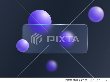 Frosted glass banner with glowing violet spheres on a dark blue gradient background. 138271107