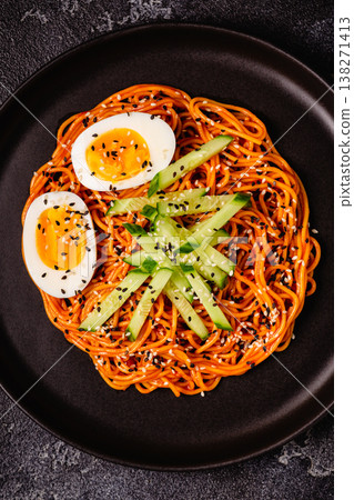 Korean traditional food, cucumber and boiled egg cold spicy noodles. Korean traditional food, cucumber and boiled egg cold spicy noodles. 138271413