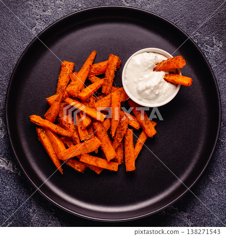 Sweet potato fries with blue cheese sauce. Sweet potato fries with blue cheese sauce. 138271543