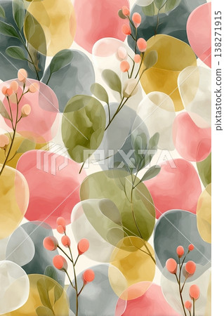 Soft holographic blobs and delicate botanical elements create a vibrant, abstract composition, showcasing a harmonious blend of colors and shapes in a visually captivating design 138271915