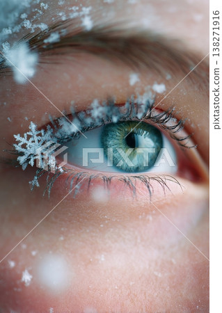 Close-up of a human eye with snowflakes delicately clinging to eyelashes, showcasing intricate details and textures in a winter wonderland atmosphere with copy space 138271916