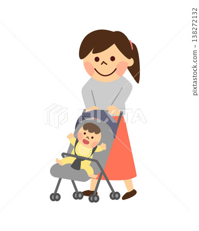 A baby in a stroller and a woman A baby in a stroller and a woman 138272132