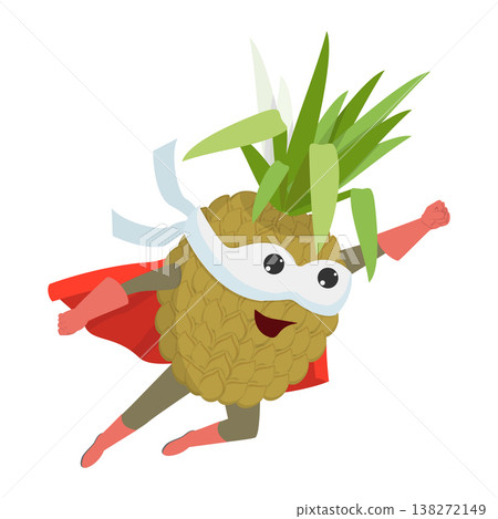 3D Isometric Flat Vector Illustration of Pineapple Hero, Humorous Superhero Cartoon Character Making Expressive Gestures In Mask and Costume. Item 1 138272149