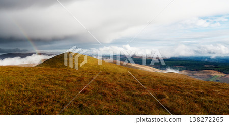 Golden grass covers a prominent hill with a path, leading into a valley with distant forests. 138272265