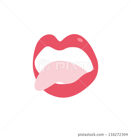 一幅描繪女性嘴唇的插圖，舌頭伸出，嘴唇鮮紅。正在舔舐。 138272304