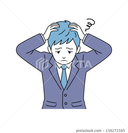 An illustration of a businessman with a troubled expression, holding his head in his hands. 138272385