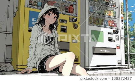 一位年輕女子從自動販賣機購買飲料 | 日常生活、生活方式、戶外場景 138272427