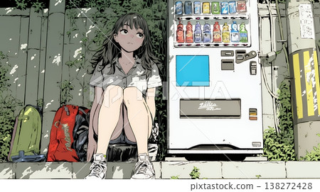 一位年輕女子從自動販賣機購買飲料 | 日常生活、生活方式、戶外場景 138272428