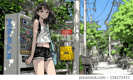 一位年輕女子從自動販賣機購買飲料 | 日常生活、生活方式、戶外場景 138272431