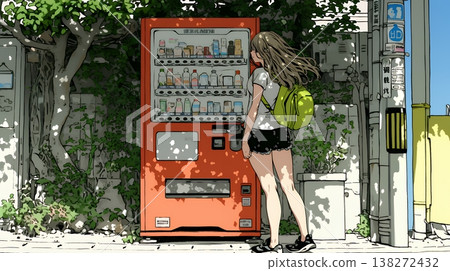 一位年輕女子從自動販賣機購買飲料 | 日常生活、生活方式、戶外場景 138272432