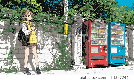 A young woman buys a drink from a vending machine | Daily life, lifestyle, outdoor scene 138272441