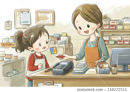 一個小女孩第一次去商店購物,站在收銀台前 | 一幅描繪她在當地商店學習購物的插圖。 一個小女孩第一次去商店購物,站在收銀台前 | 一幅描繪她在當地商店學習購物的插圖。 138272511
