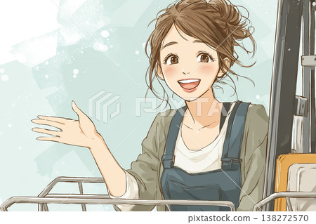 A female staff member smiles in front of a forklift | Image of a workplace in a logistics warehouse 138272570