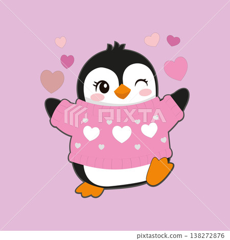 A cute cartoon penguin in a pink sweater winks playfully amidst floating hearts 138272876