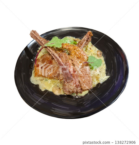 手繪, 青醬燉飯, 烤小羊排, 放在, 黑盤上, 白色背景, 可去背 138272906